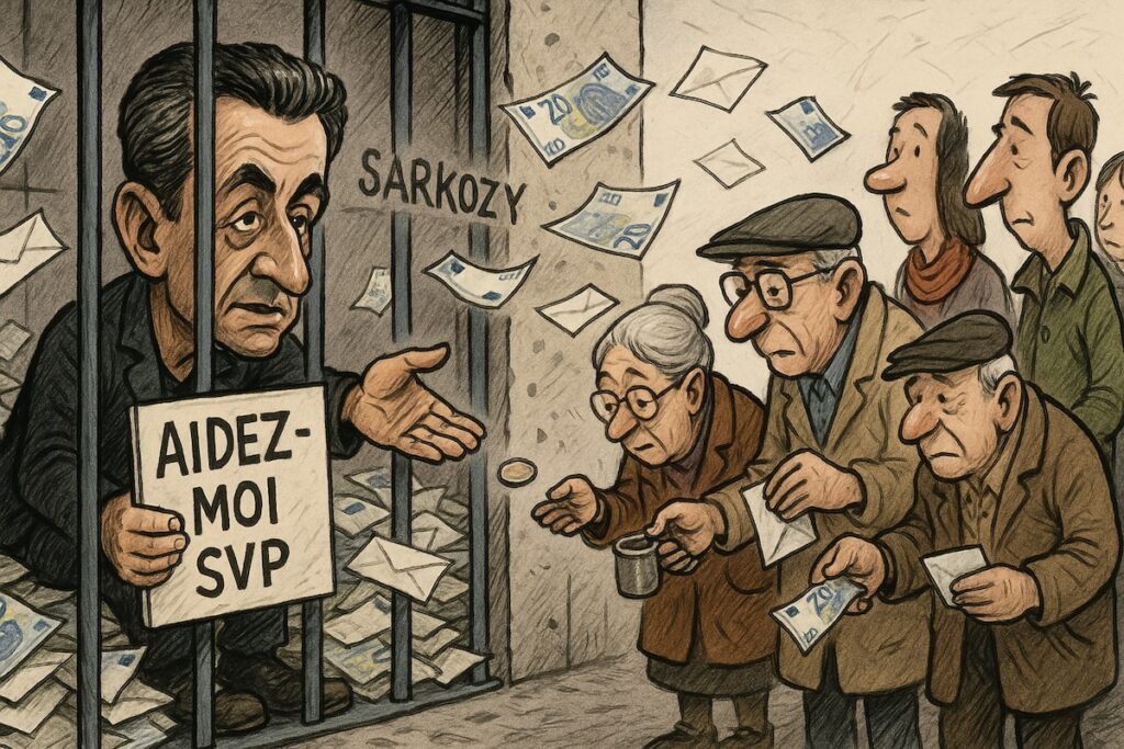 Caricature de Nicolas Sarkozy derrière les barreaux recevant des billets et des lettres d’admirateurs français.