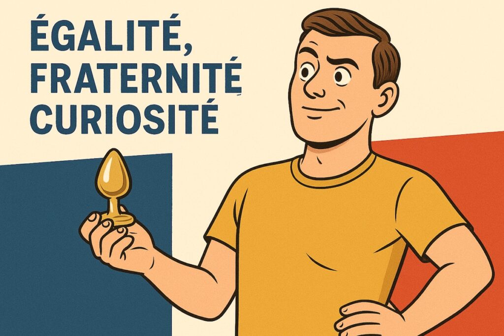 Caricature humoristique sur une étude IFOP concernant l’intérêt des hommes hétérosexuels pour la stimulation anale.