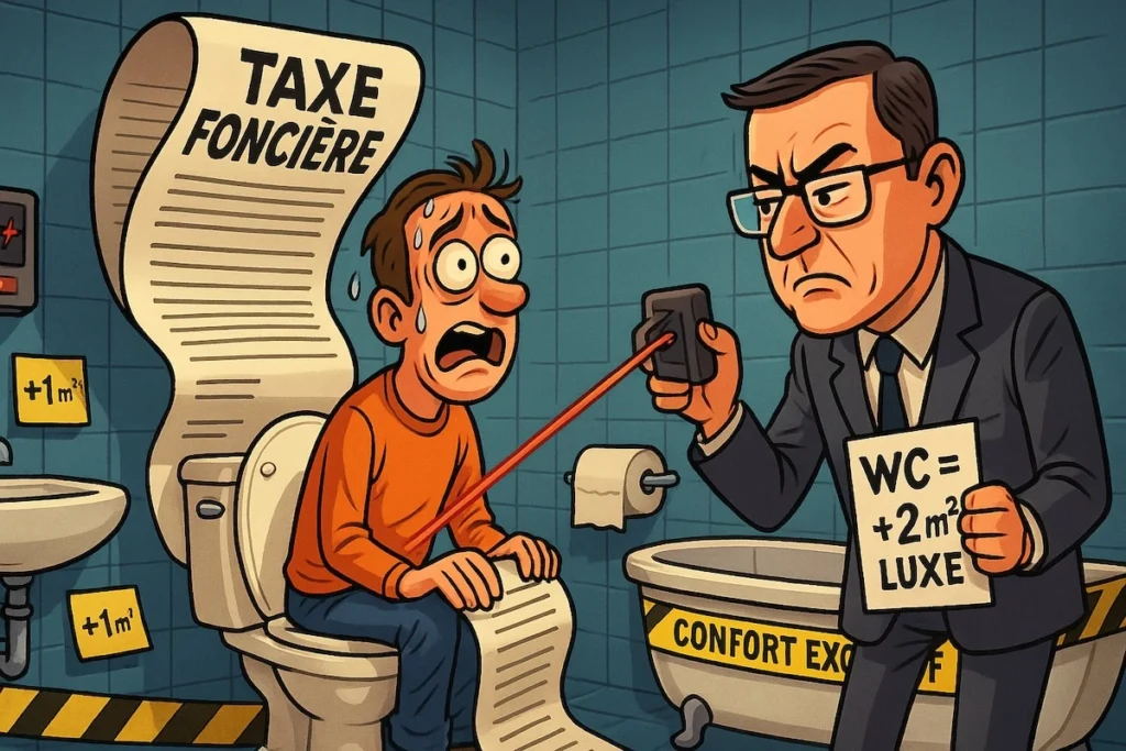 Caricature satirique d’un propriétaire sur ses WC, contrôlé par un inspecteur fiscal mesurant ses équipements de “confort”.