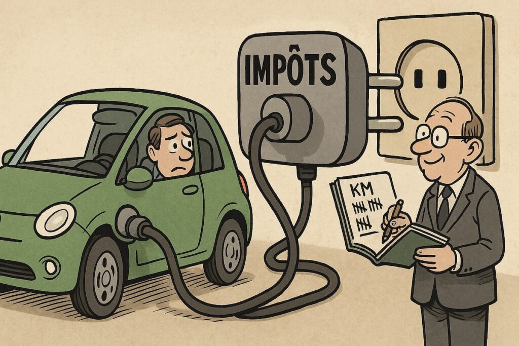 Caricature d’une voiture électrique branchée sur une prise géante marquée “Impôts” pendant qu’un ministre compte les kilomètres