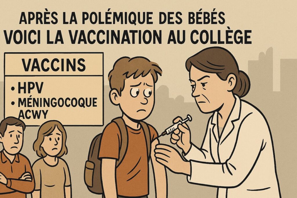 Caricature sarcastique sur la vaccination au collège après celle des bébés