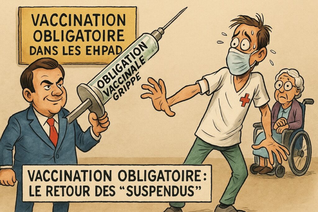 Caricature d’un député piquant un soignant avec une seringue “obligation vaccinale grippe”