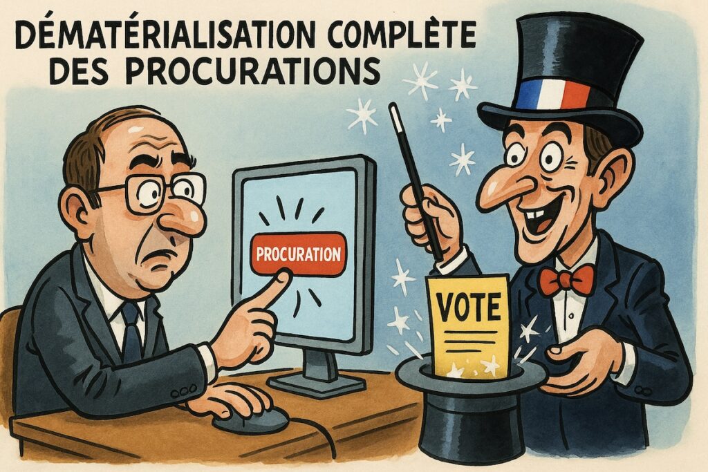 Illustration satirique de la dématérialisation totale des procurations de vote en France en 2025