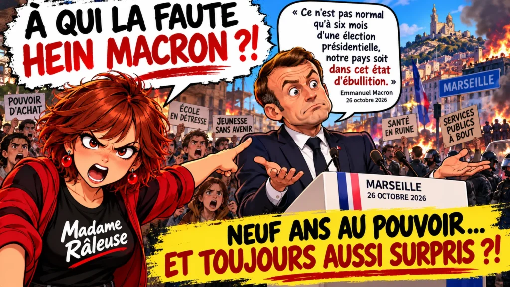 Madame Râleuse interpelle Emmanuel Macron sur la colère des Français et ses déclarations du 26 octobre 2026 à Marseille.