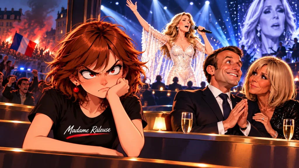 Madame Râleuse ironise sur Emmanuel et Brigitte Macron au concert de Céline Dion, la veille des manifestations du 17 octobre 2026.