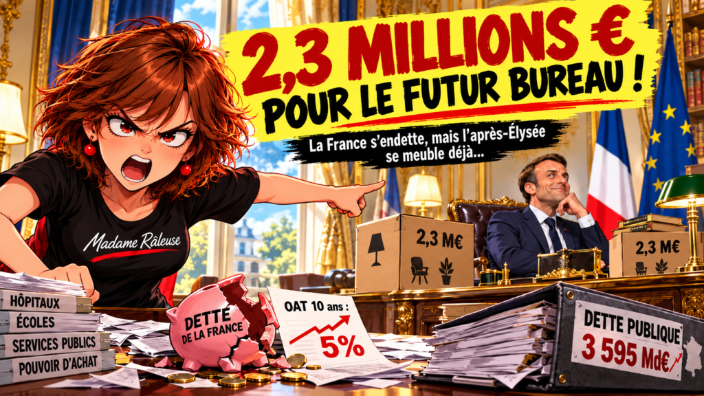 Madame Râleuse se moque des 2,3 millions d'euros prévus pour les futurs bureaux de Macron alors que la dette française atteint 119 % du PIB.