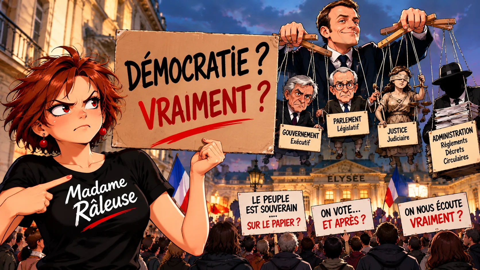 Madame Râleuse dénonce la crise de confiance dans la démocratie française, face aux institutions, à l'administration et au sentiment d'impuissance des citoyens.