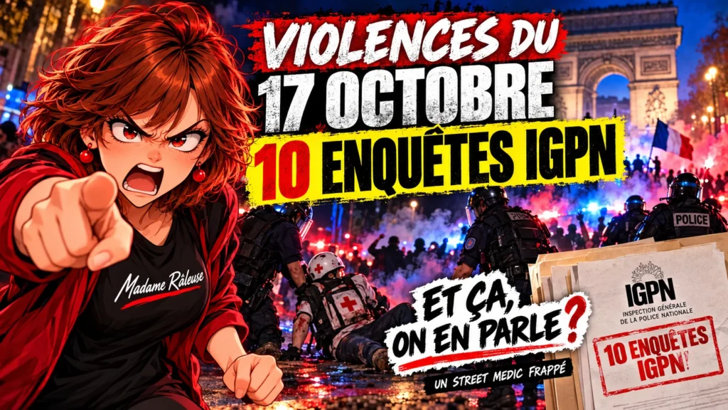 Madame Râleuse réagit aux dix enquêtes IGPN après les manifestations du 17 octobre et aux violences subies par un street medic.