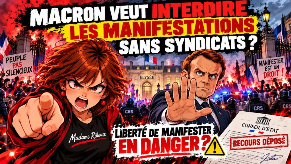 Madame Râleuse dénonce les restrictions de manifestations annoncées par Macron et le recours devant le Conseil d'État.